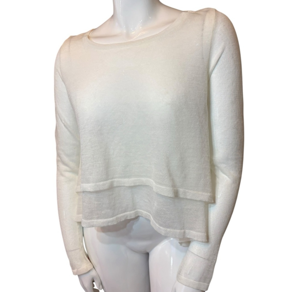 Sarah Pacini Sheer Ramie Knit Sweater, OS, Ivory Italy High Low Layered Gauze - Picture 2 of 15